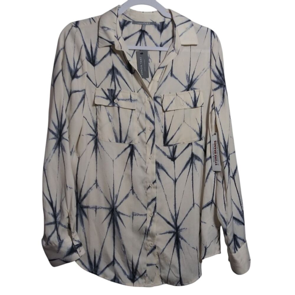 Lemon Tart Cream Blue Patterned Button-Up Long Sleeve Career Office Blouse Sz M